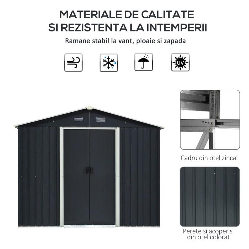 Casuta/magazie/sopron de gradina pentru depozitare unelte, otel si PP, negru, 236x174x190 cm