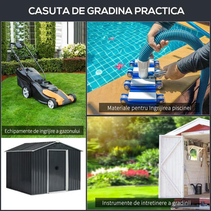 Casuta/magazie/sopron de gradina pentru depozitare unelte, otel si PP, negru, 236x174x190 cm