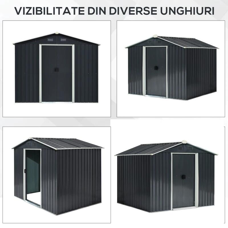Casuta/magazie/sopron de gradina pentru depozitare unelte, otel si PP, negru, 236x174x190 cm