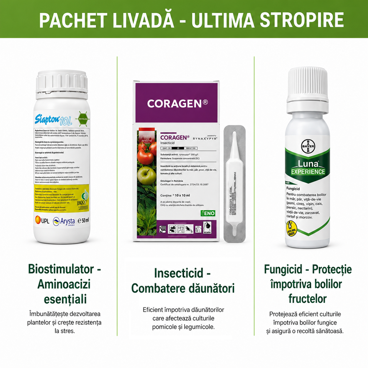 Pachet Livada Mixta Pomi - Coragen 1.5ml + Luna Experience 10ml + Siapton 50ml - Ultima Stropire Inainte de Recoltare (10L Apa)