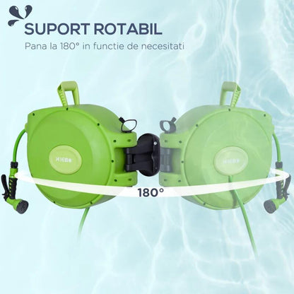 Furtun cu tambur/rola pentru gradina, retractabil/automat, portabil, pentru perete, 1/2", 9 moduri, 20 m