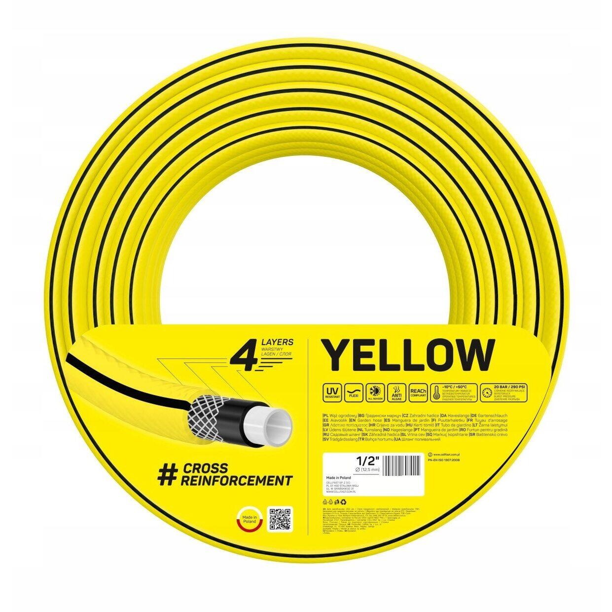 Furtun de gradina, 4 straturi, cu 2 cuple si adaptor, 1/2", 50 m, Cellfast Yellow