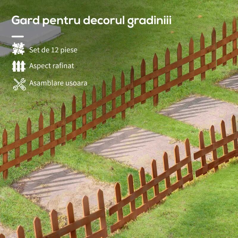 Gard de gradina decorativ, din lemn, maro, set 12 buc, 60x34 cm