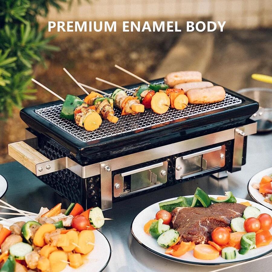 Gratar cu carbuni, grill dreptunghiular, ceramic, Hibachi, 17x34x17.5 cm, Perfect Home