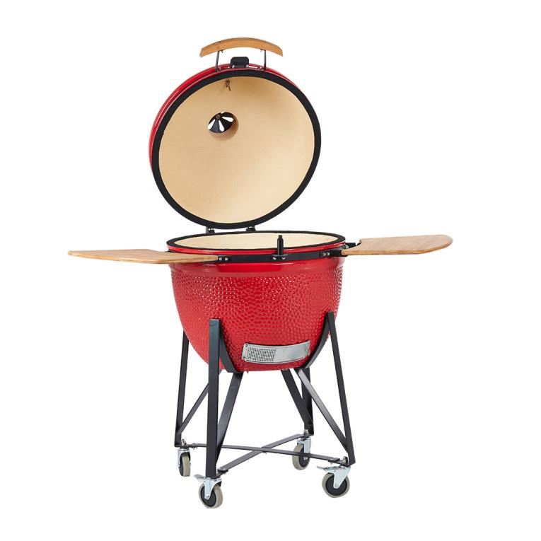 Gratar gradina, grill rotund, ceramic, cu roti, capac, rafturi, 52x105 cm, Kamado Egg 21