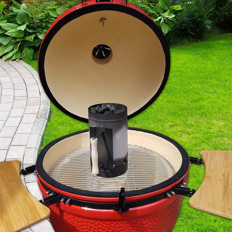 Gratar gradina, grill rotund, ceramic, cu roti, capac, rafturi, 52x105 cm, Kamado Egg 21