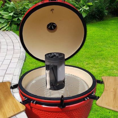 Gratar gradina, grill rotund, ceramic, cu roti, capac, rafturi, 52x105 cm, Kamado Egg 21