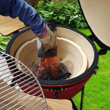 Gratar gradina, grill rotund, ceramic, cu roti, capac, rafturi, 52x105 cm, Kamado Egg 21