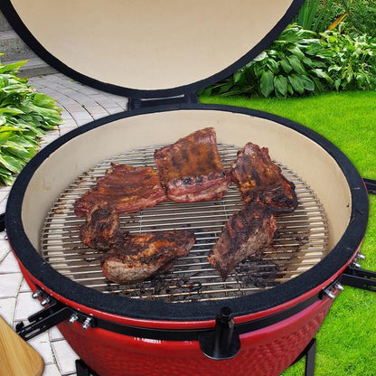 Gratar gradina, grill rotund, ceramic, cu roti, capac, rafturi, 52x105 cm, Kamado Egg 21
