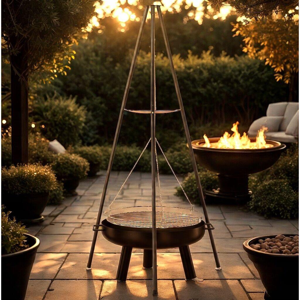 Gratar de gradina cu carbuni, grill rotund, trepied ajustabil, 64.5x64.5x150 cm, Chomik