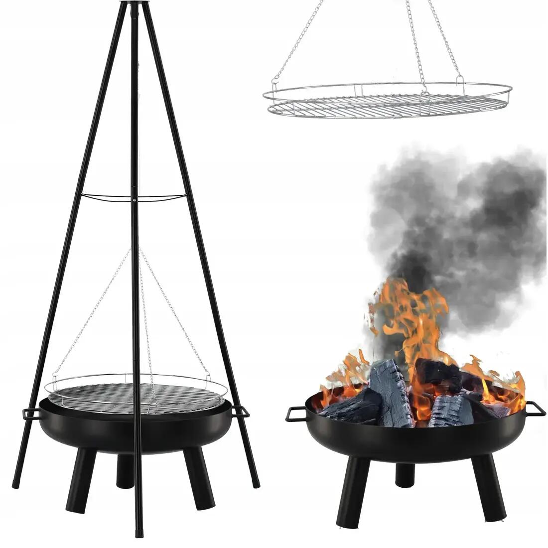 Gratar de gradina cu carbuni, grill rotund, trepied ajustabil, 64.5x64.5x150 cm, Chomik