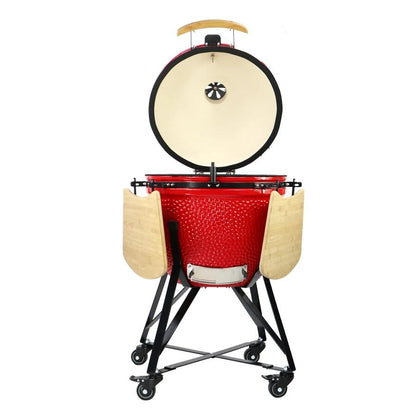 Gratar gradina cu carbuni, grill rotund, ceramic, cu roti, capac, rafturi, 128x80x120 cm, Kamado L-size
