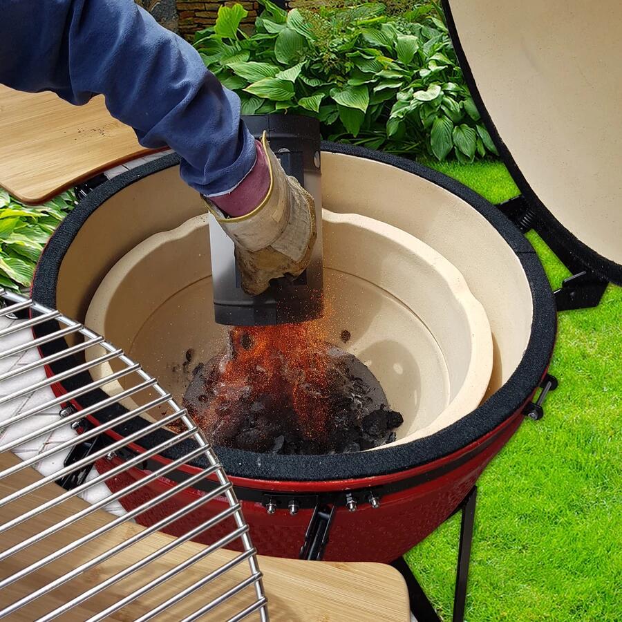 Gratar gradina cu carbuni, grill rotund, ceramic, cu roti, capac, rafturi, 128x80x120 cm, Kamado L-size
