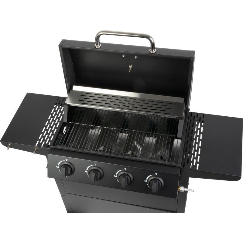 Gratar gradina, grill dreptunghiular, cu gaz, 4 arzatoare, cu roti, capac, rafturi, 116x50x100 cm, BBQ Malaga