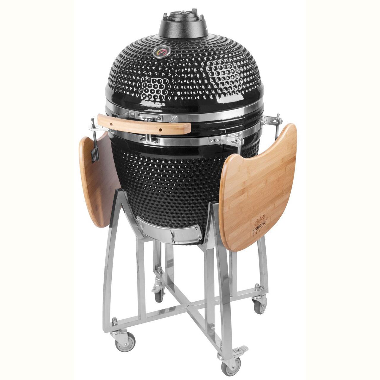 Gratar gradina, grill rotund, ceramic, cu roti, capac, rafturi, 130x73x122 cm, Kamado Egg 21