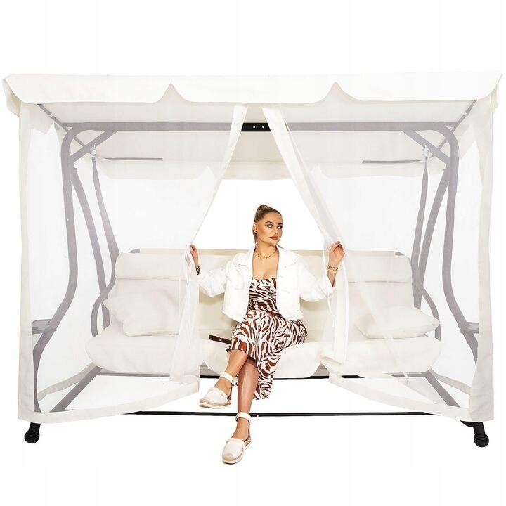 Balansoar gradina, Springos, 3 locuri, cu plasa insecte, crem, 220x120x160 cm, functie pat, max 280 kg