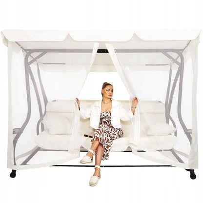 Balansoar gradina, Springos, 3 locuri, cu plasa insecte, crem, 220x120x160 cm, functie pat, max 280 kg