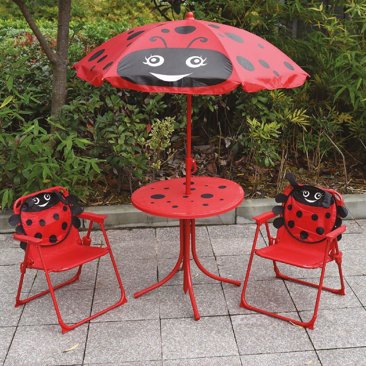 Set mobilier gradina/terasa pentru copii, pliabil, rosu, model buburuza, 1 masa cu umbrela, 2 scaune, Melisenda