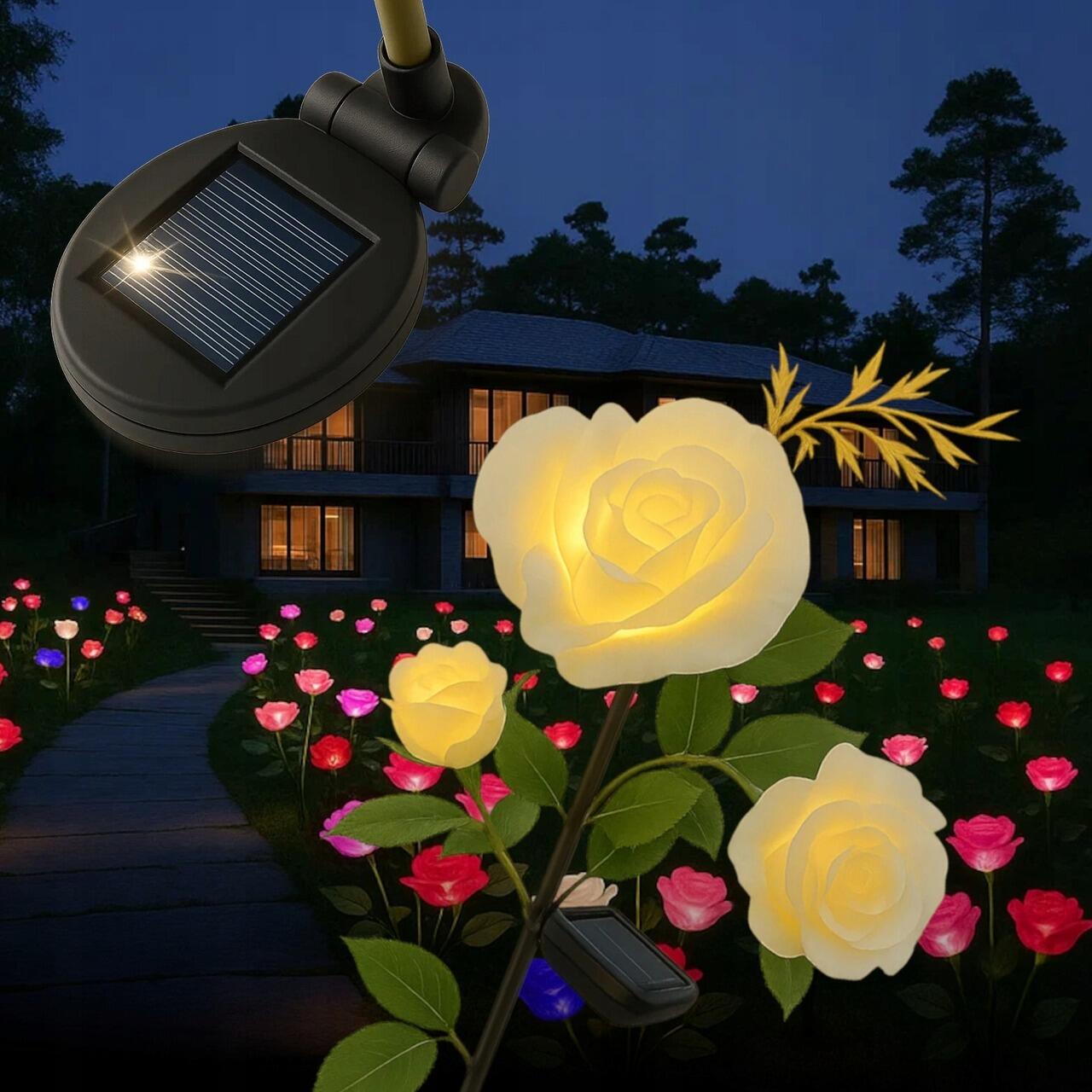 Lampa solara pentru gradina, Gardlov, trandafir cu 3 flori, 3 LED, 5 culori, 80 cm