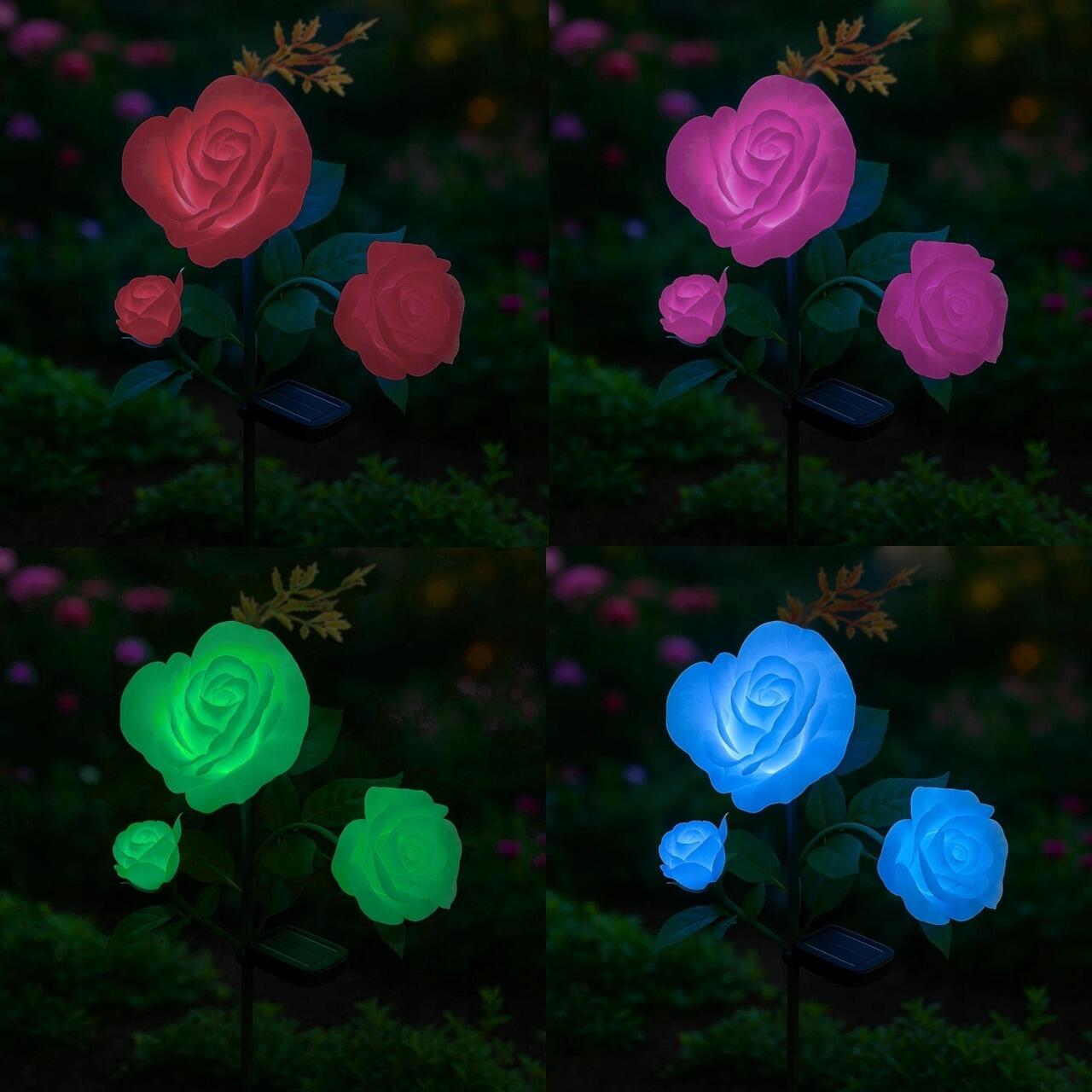 Lampa solara pentru gradina, Gardlov, trandafir cu 3 flori, 3 LED, 5 culori, 80 cm
