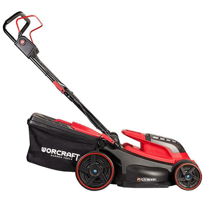 Masina de tuns iarba, gazon, electrica, motor fara perii, 2x20V Li-ion 4 Ah, incarcator, 43 cm, Worcraft