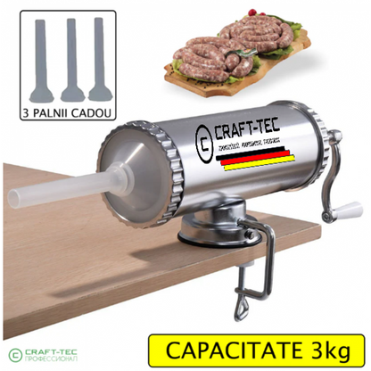 Mașină Manuală de Umplut Cârnați Craft-Tec MX132 – 3 kg, Cilindru Inox, Ventuză și 3 Pâlnii de 15, 19 și 22 mm