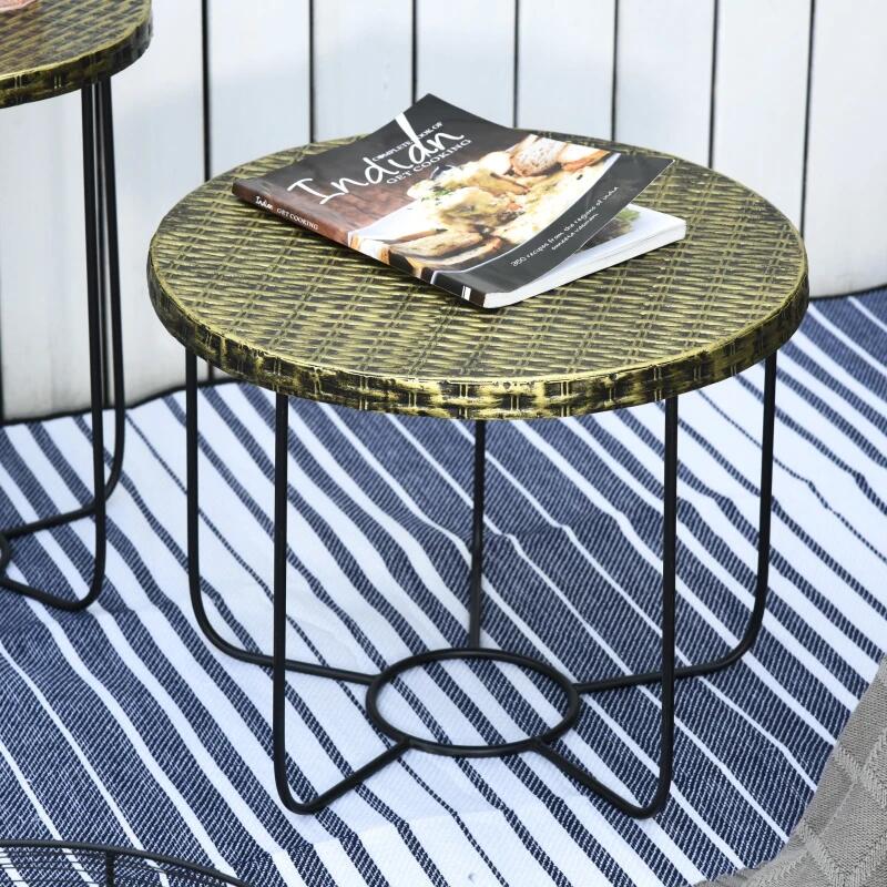 Masuta gradina/terasa/balcon, cu cos depozitare metalic, rotunda, negru si maro deschis, set 2 marimi