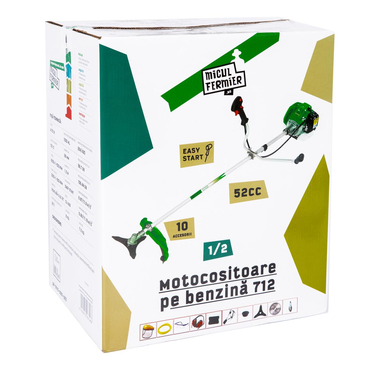 Motocoasa/trimmer pentru tuns iarba, Micul Fermier, benzina, cu 10 accesorii, 3.5 kW, 4.76 CP, 52 CC