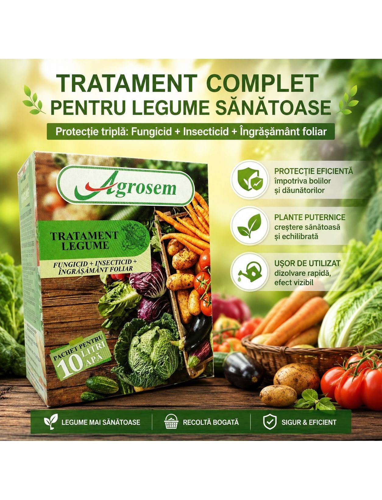 Pachet Tratament  Legume Complet - Fungicid + Insecticid + Ingrasamant cu Calciu, Azuba + Kaplan + Mospilan + Fertimax, Pentru 10 Litri Apa, Agrosem