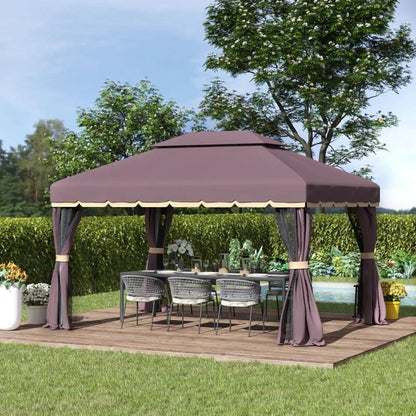 Pavilion/foisor pentru gradina/terasa, cadru aluminiu, cu plasa pentru insecte, cafeniu, 3.90x2.90x2.80 m