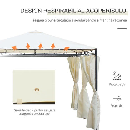 Pavilion/foisor pentru gradina/terasa, cadru metalic, cu perdele, crem, 4x3x2.55 m