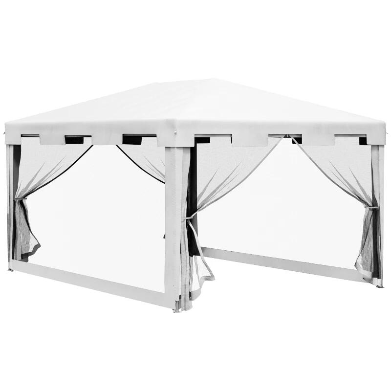 Pavilion/foisor pentru gradina/terasa, cadru metalic, cu plasa de tantari, alb si negru, 3.95x2.95x2.55 m