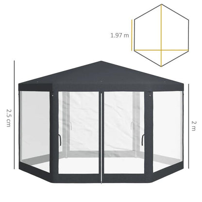 Pavilion/foisor pentru gradina/terasa, cadru metalic, cu plasa de tantari, gri inchis, 3.94x3.94x2.5 m