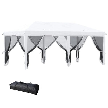 Pavilion/foisor pentru gradina/terasa, cadru metalic, cu plasa pentru insecte, alb si negru, 5.85x2.95x2.70 m