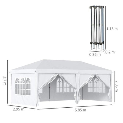 Pavilion pentru gradina/comercial, cadru metalic, material Oxford, 6 pereti, pliabil, alb, 5.85x2.95x2.70 m