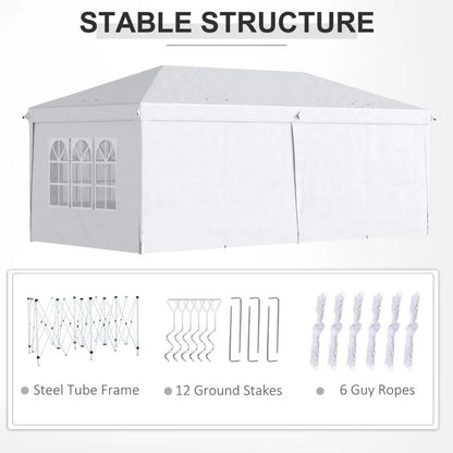 Pavilion pentru gradina/comercial, cadru metalic, material Oxford, 6 pereti, pliabil, alb, 5.85x2.95x2.70 m