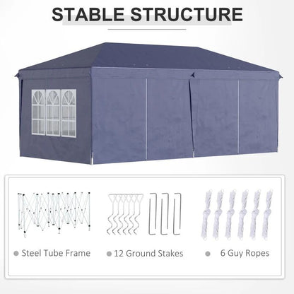Pavilion pentru gradina/comercial, cadru metalic material Oxford, 6 pereti, cu geanta, albastru, 5.85x2.95x2.70 m