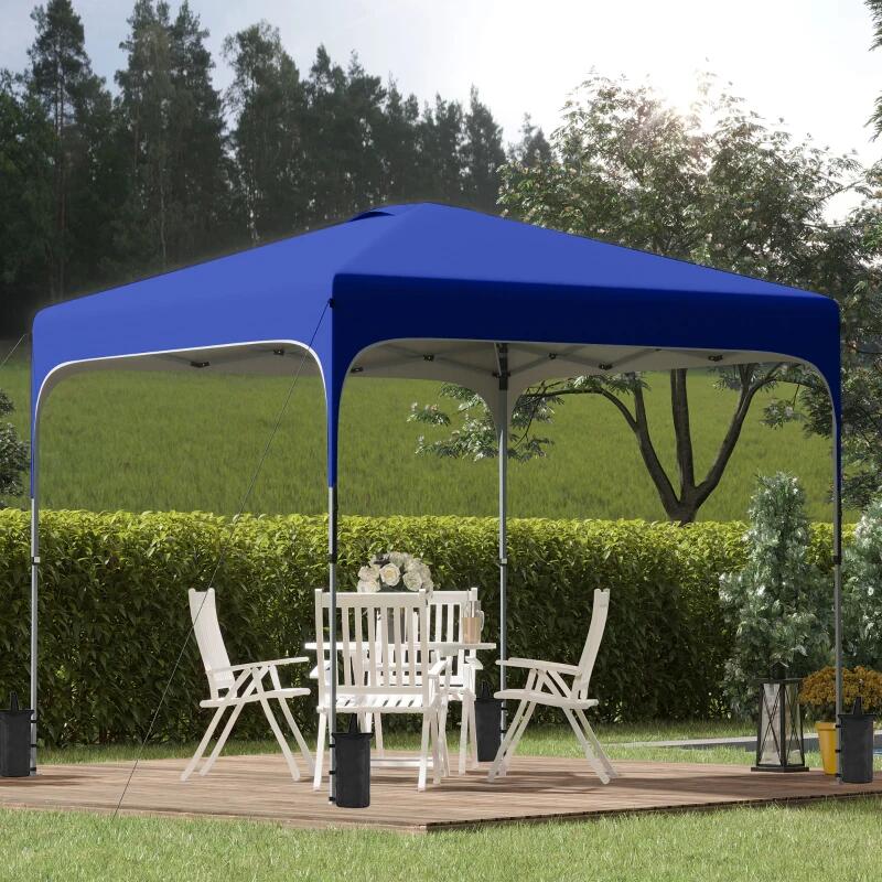 Pavilion pentru gradina/comercial, cadru metalic, material Oxford, inaltime reglabila, cu husa, contragreutati, albastru, 2.53x2.53x2.68 m