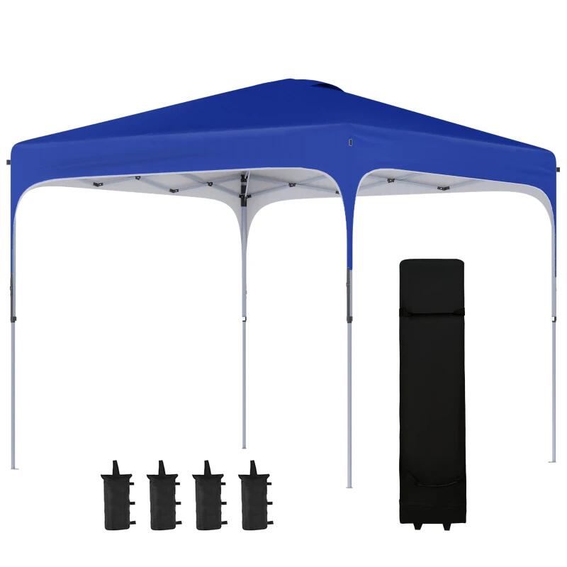 Pavilion pentru gradina/comercial, cadru metalic, material Oxford, inaltime reglabila, cu husa, contragreutati, albastru, 2.53x2.53x2.68 m