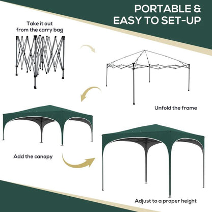 Pavilion pentru gradina/terasa, cadru metalic, material Oxford, cu tarusi, corzi ancorare, geanta, reglabil, verde, 2.95x2.95x2.55 m