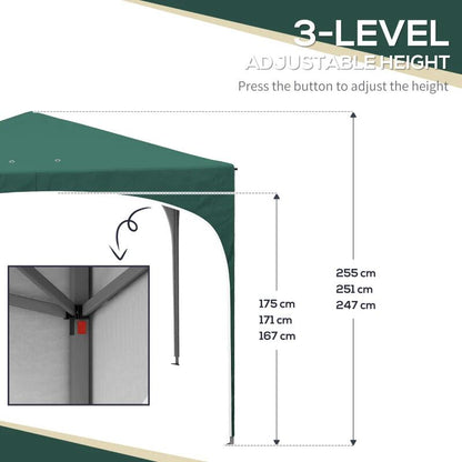 Pavilion pentru gradina/terasa, cadru metalic, material Oxford, cu tarusi, corzi ancorare, geanta, reglabil, verde, 2.95x2.95x2.55 m
