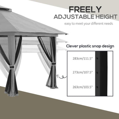 Pavilion/foisor pentru gradina/terasa, pliabil, cu inaltime ajustabila, material Oxford, cadru metalic, plasa insecte, 4 contragreutati, gri, 3.92x3.92x2.83 m