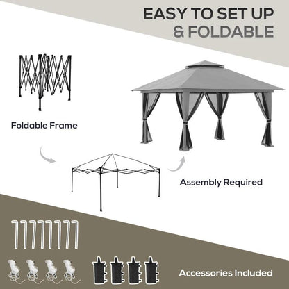 Pavilion/foisor pentru gradina/terasa, pliabil, cu inaltime ajustabila, material Oxford, cadru metalic, plasa insecte, 4 contragreutati, gri, 3.92x3.92x2.83 m