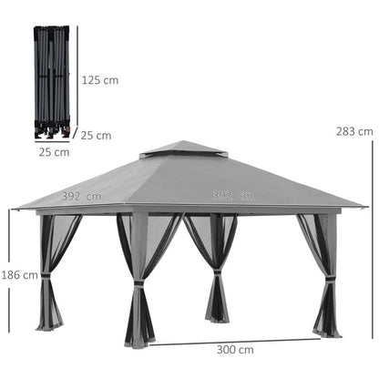 Pavilion/foisor pentru gradina/terasa, pliabil, cu inaltime ajustabila, material Oxford, cadru metalic, plasa insecte, 4 contragreutati, gri, 3.92x3.92x2.83 m