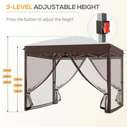 Pavilion/foisor pentru gradina/terasa, cadru metalic, cu plasa pentru insecte, inaltime ajustabila, maro, 3x3x2.7 m
