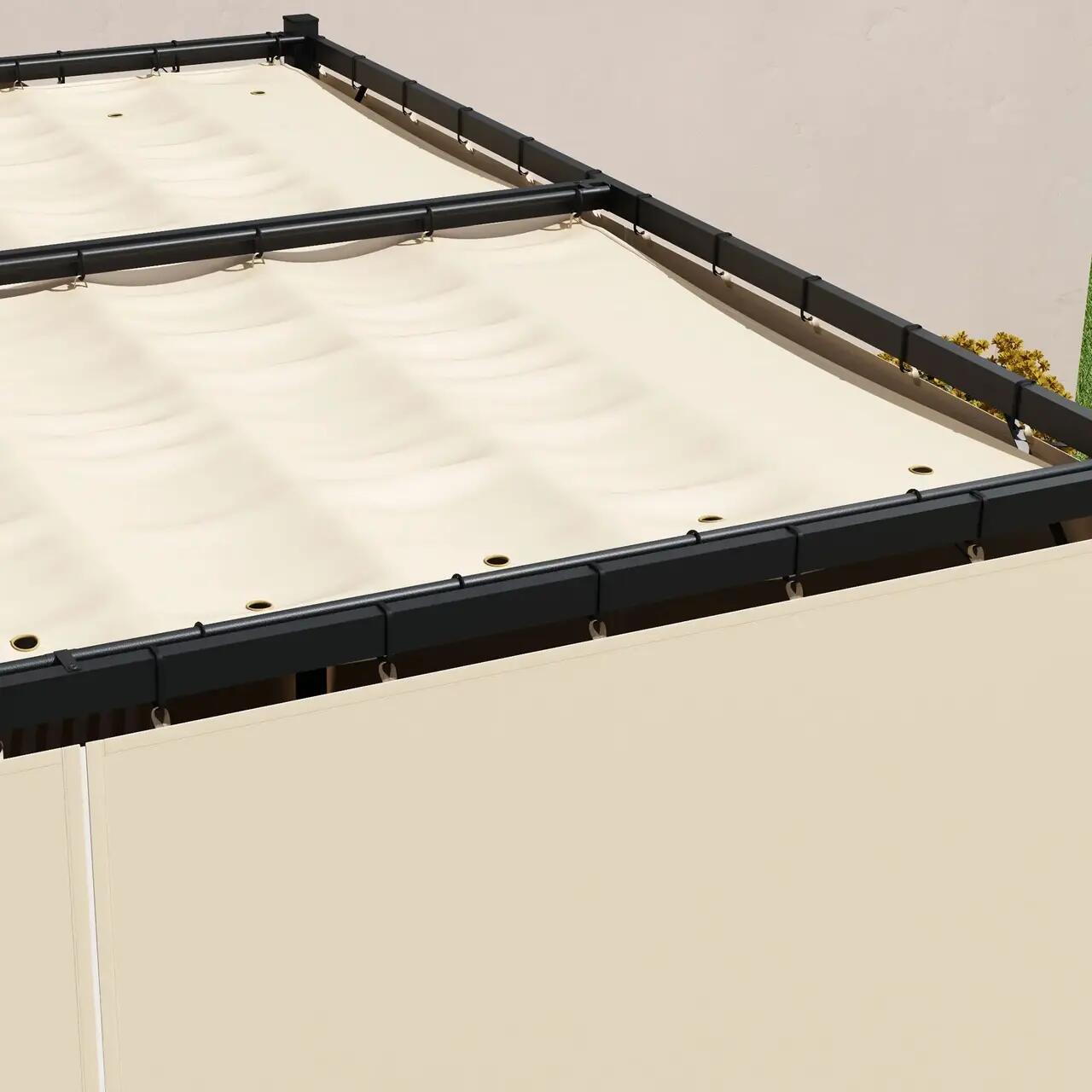 Pergola pentru gradina/terasa, retractabila, cu perdele, cadru metalic, negru si bej, 3x3x2.27 m