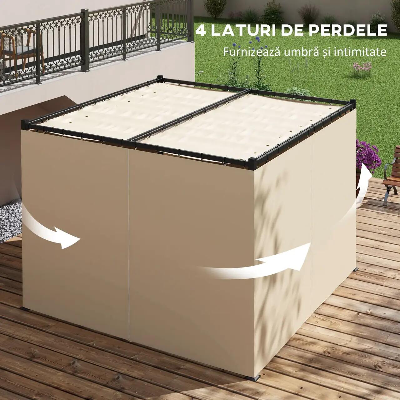 Pergola pentru gradina/terasa, retractabila, cu perdele, cadru metalic, negru si bej, 3x3x2.27 m