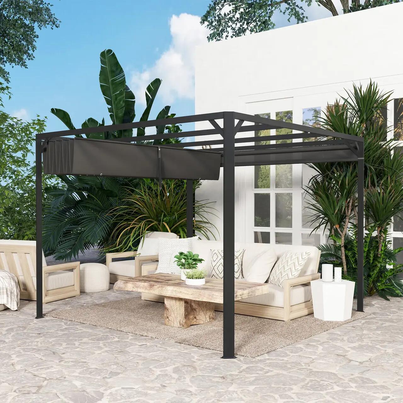 Pergola pentru gradina/terasa, retractabila, cu perete paravan, cadru aluminiu, gri inchis, 3x3x2.27 m