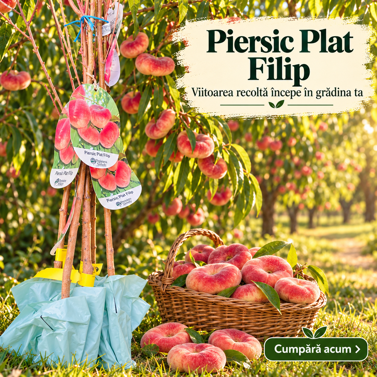 Piersic Plat Filip – Puiet, Piersică Turtită cu Pulpă Albă, Soi Românesc