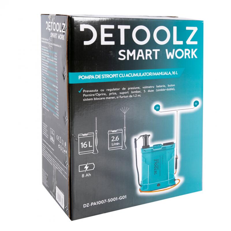 Pulverizator gradina, pompa de stropit, Detoolz, 2 in 1, vermorel, manual si electric, pentru spate, cu acumulator 8 Ah, accesorii, 16 L